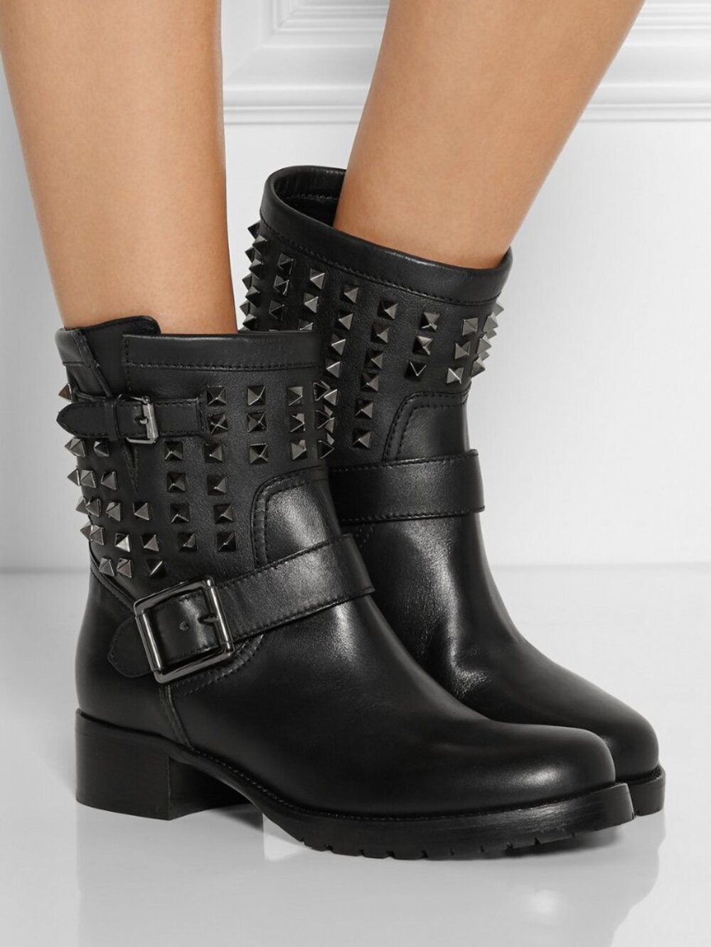 NEW Valentino Rockstud Black Leather Biker Booties | Edgy Moto Ankle Boots